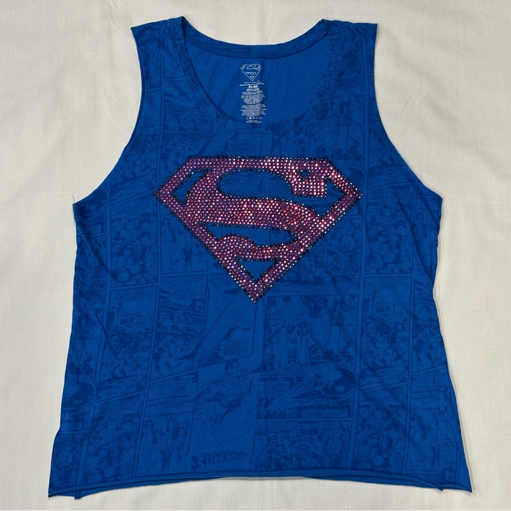 Superman Womens Juniors XL Tank Top Rhinestone Beaded Shield Comic Print - Blue